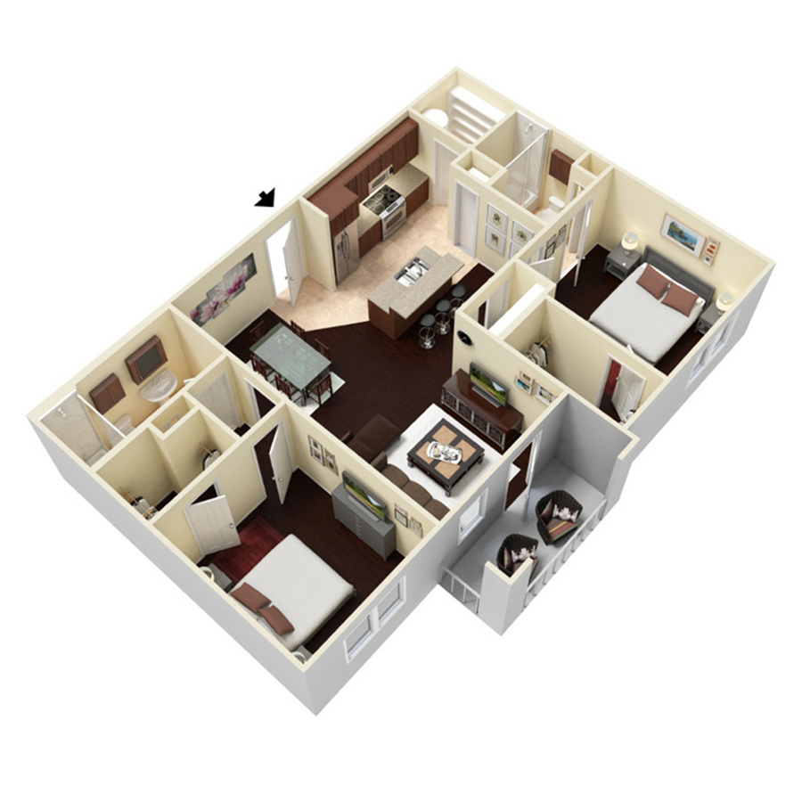 Rendering of the 2 Bedroom 2 Bath - Deluxe floor plan with 2 bedroom[s] and 2 bathroom[s] at Amberleigh Shores