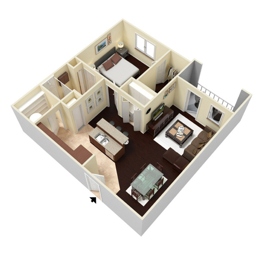 Rendering of the 1 Bedroom 1 Bath - Deluxe floor plan with 1 bedroom[s] and 1 bathroom[s] at Amberleigh Shores