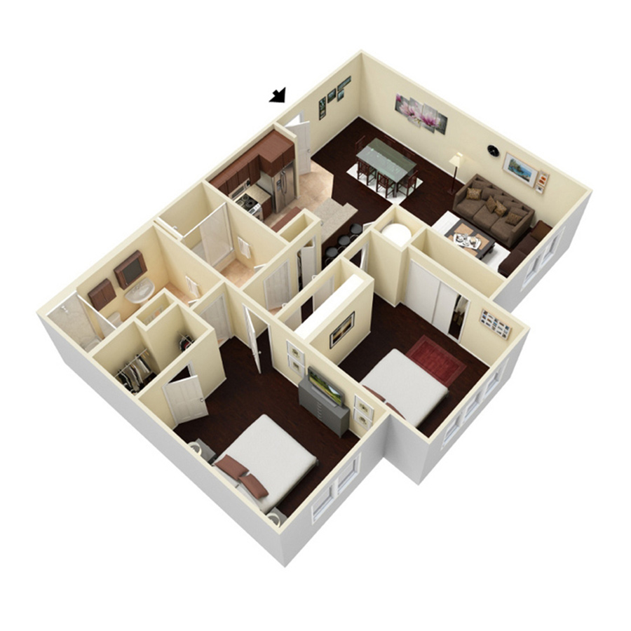 Rendering of the 2 Bedroom - 2 Bath floor plan with 2 bedroom[s] and 2 bathroom[s] at Amberleigh Shores